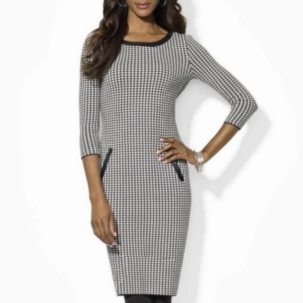Lauren Ralph Lauren Houndstooth Faux-Leather Trim Sweaterdress Womens S Black